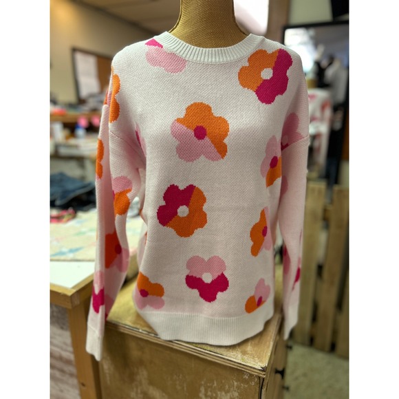 Sweaters - Unbranded Retro Floral Knit Crewneck Sweater Pink Orange White Flower Size S